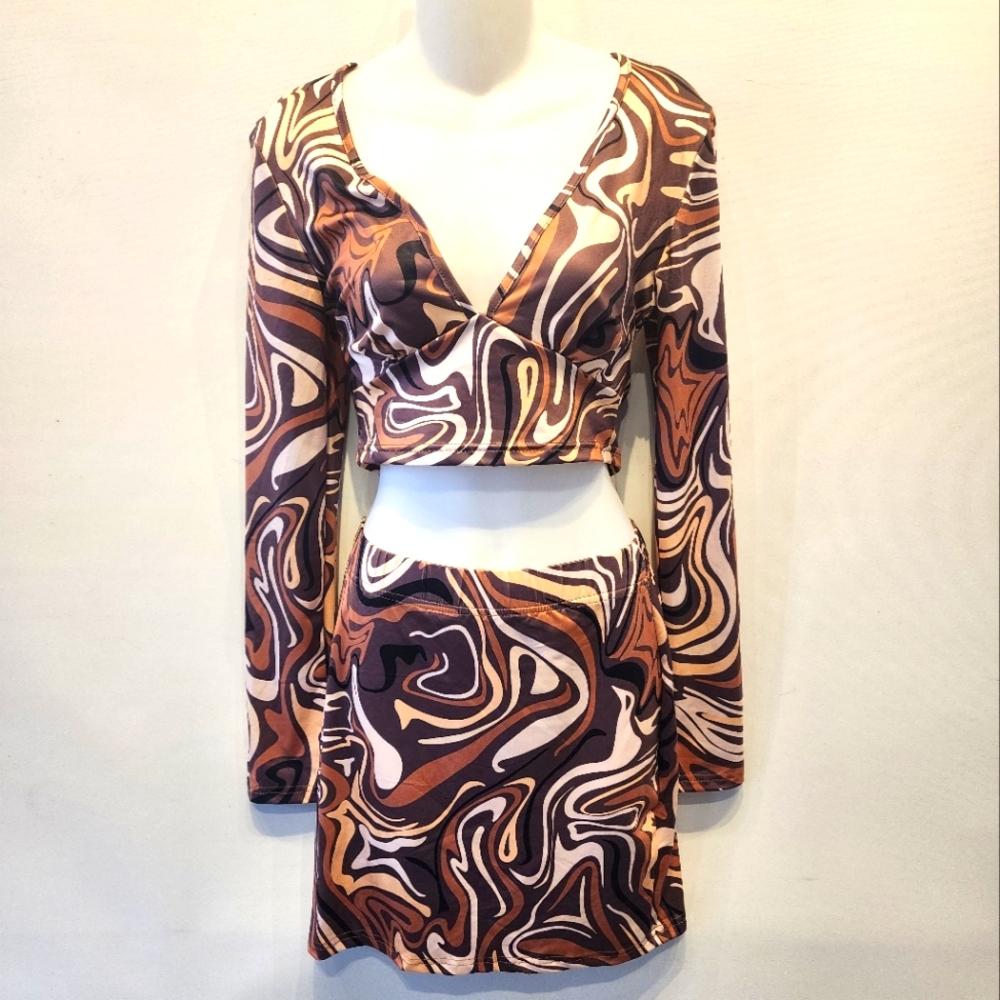 Abstract Top S Crop Mini Skirt 2-Piece Set Deep V‎ Neck Art To Wear Brown NWT